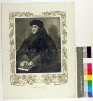 Reproduktion eines Porträts des niederländischen Humanisten und Theologen Erasmus von Rotterdam nach einem Gemälde von Hans Holbein dem Jüngeren