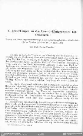 Bemerkungen zu den Lenard-Röntgen'schen Entdeckungen