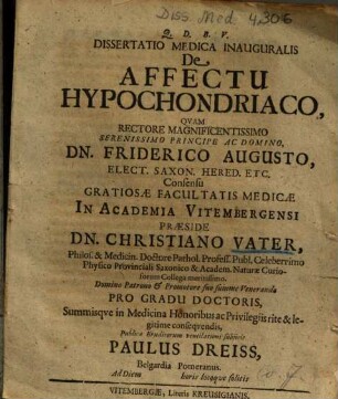 Dissertatio Medica Inauguralis De Affectu Hypochondriaco