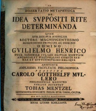 Diss. metaphys. de idea suppositi rite determinanda