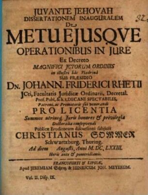 Diss. inaug. de metu eiusque operationibus in iure
