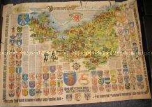 Kulturhistorische Karte des ehemaligen deutschen Gebietes Pommern mit den Wappen und markanten Bauwerken der Städte