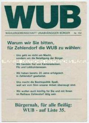 Flugschrift der Wählergemeinschaft Unabhängiger Bürger Berlin-Zehlendorf zur Kommunalwahl 1995
