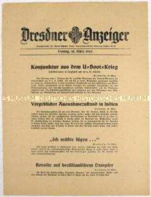 Nachrichtenblatt "Dresdner Anzeiger" u.a. zum Unterseebootkrieg
