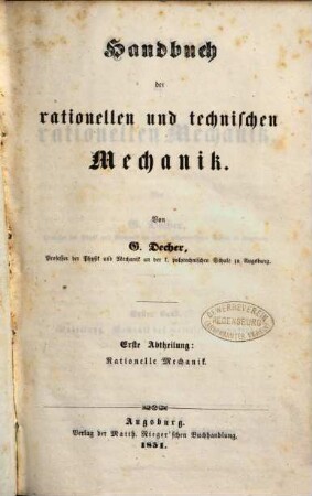 Handbuch der rationellen Mechanik, 1. Einleitung. Mechanik des materiellen Punktes