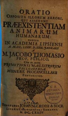 Oratio Opposita Illorum Errori, Qui Asserunt Praeexistentiam Animarum Humanarum