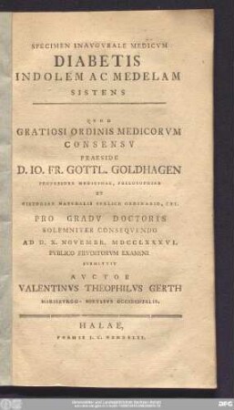 Specimen Inavgvrale Medicvm Diabetis Indolem Ac Medelam Sistens