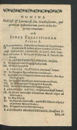 Nomina ... Respondentium ut & Index Exercitiorum