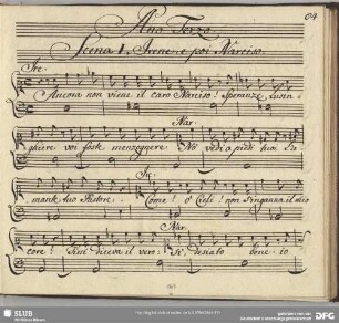 Scena I: Ancora non viene il caro Narciso; S (Irene), S (Narciso); b