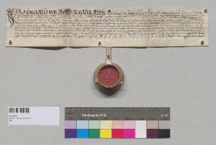 Abt Honoratus von Kloster Seeon bestätigt dem Lehensmann des Klosters Paul Aicher zu Aicher am Kaindl im Landgericht Mörmoosen den Besitz des Aicher Guts zu Freistift und erneuert die nach dem Tod von Abt Sigismund anstehende Belehnung mit den Zehnteinkünften aus dem Aicher Gut. S: Abt Honoratus v. Kloster Seeon