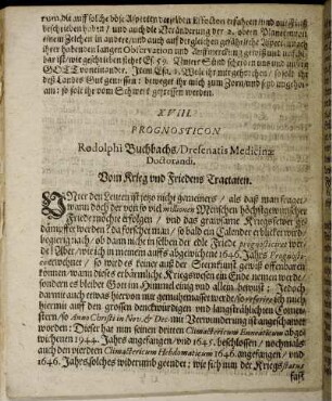 XVIII. Prognosticon. Vom Krieg und Friedens Tractaten