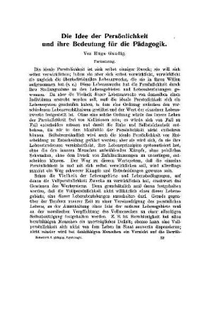 Die Idee der Persönlichkeit und ihre Bedeutung für die Pädagogik : (Fortsetzung)