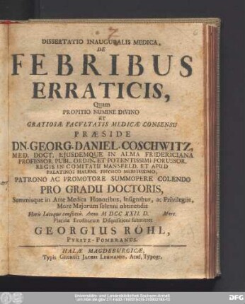 Dissertatio Inauguralis Medica, De Febribus Erraticis