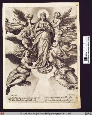 Madonna auf der Mondsichel, von sechs Engeln emporgehoben.
