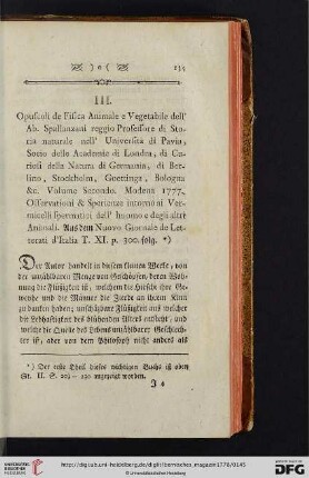 III. Opuscoli di Fisica animale e vegetabile, dell‘ Abbate Spallanzani