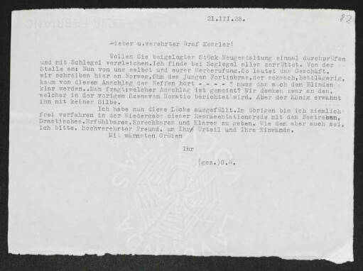 Brief von Gerhart Hauptmann an Harry Kessler