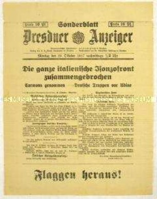 Nachrichtenblatt des "Dresdner Anzeiger" u.a. zu den Kämpfen in Italien (Isonzofront)