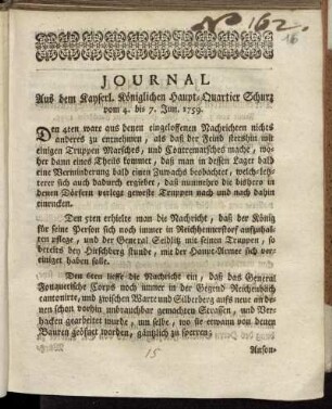 Journal Aus dem Kayserl. Königlichen Haupt-Quartier Schurz vom 4. bis 7. Jun. 1759