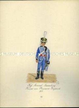 Uniformdarstellung, Husar, 1811. Aus: Sammelmappe "Sachsens Militär", Königliche Arsenalsammlung.