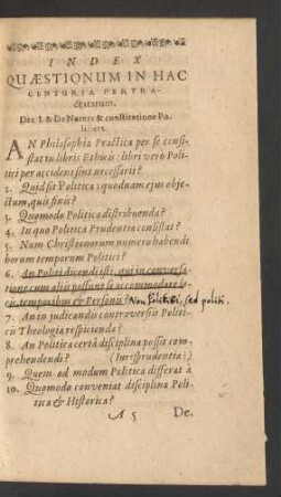 Index Quaestionum In Hac Centuria Pertractatum.