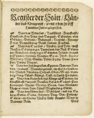 Register der Stätt/ Länder und Königreich/ so unter den zwölff Himlischen Zeichen gelegen sind.