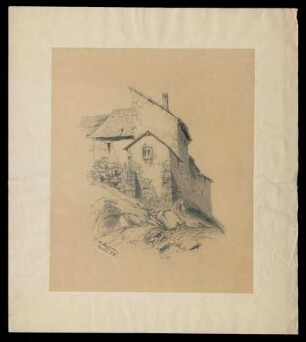 Ohne Titel [Bleistiftzeichnung eines Hauses] von E. Lemppenau, Cannstatt, vom 6.1.1988, 37 cm hoch x 31 cm breit, auf Papier aufgeklebt