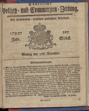 52tes Stueck, Montag den 30ten December 1793