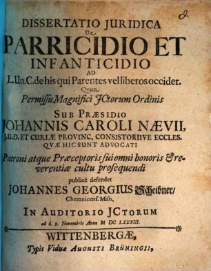 Diss. iur. de parricidio et infanticidio