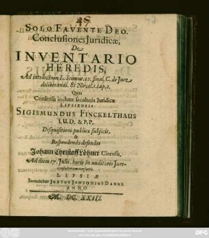 Conclusiones Iuridicae, De Inventario Heredis : Ad intellectum L. Scimus. 22. final. C. de Iure deliberandi. Et Novel. I. cap. 2.