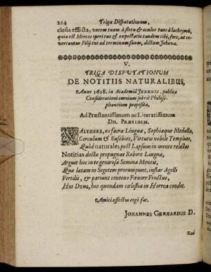 V. Triga Disputationum De Notitiis Naturalibus.