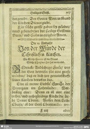 Die 23. Andacht Von der Würde der Christlichen Kirchen