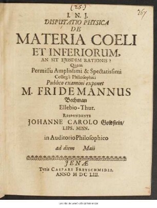 Disputatio Physica De Materia Coeli Et Inferiorum, An Sit Eiusdem Rationis?