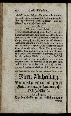 Vierte Abtheilung. Von allerley wilden und zahmen Fleisch, wie auch wilden und zahmen Flügelwerk.