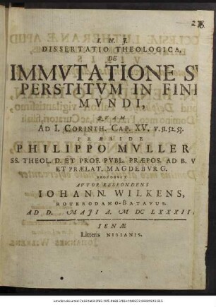 Dissertatio Theologica, De Immutatione Superstitum In Fine Mundi