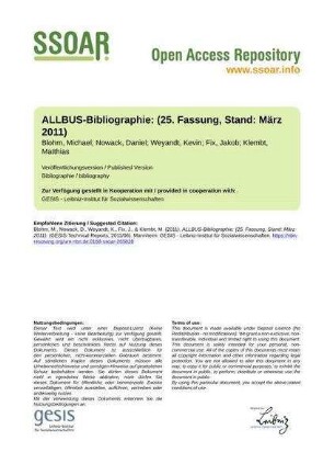 ALLBUS-Bibliographie: (25. Fassung, Stand: März 2011)