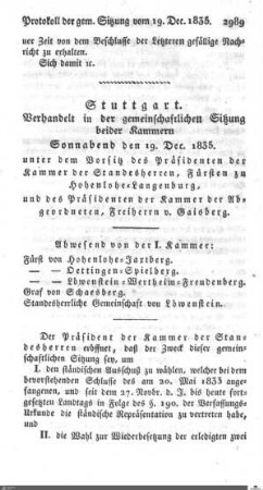 Gemeinschaftliche Sitzung, Stuttgart, 19.12.1835