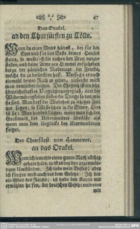 Das Orakel an den Churfürsten zu Cölln