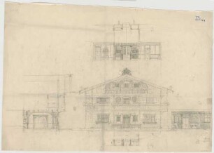 Thiersch, August ; Landhaus, Projekt - Ansicht; Innenraum (Grundriss m. Teilansicht, Teilansichten)