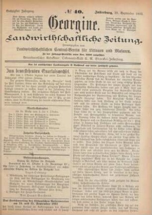 Sechzigster Jahrgang. No. 40. Insterburg, 29. September 1892.