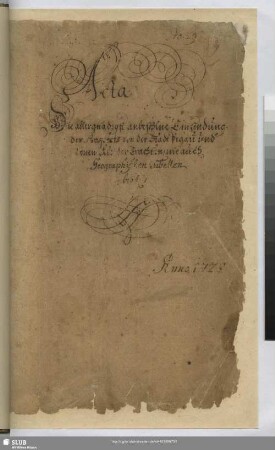 "No. 29". Acta. Die allergnädigst anbefohlne Einsendung des Prospects von der Stadt Pergau und denen KleiderTrachten, wie auch Geographischen Tabellen betr. Anno 1728. (Manuskripttitel) - Mscr.Dresd.App.2665