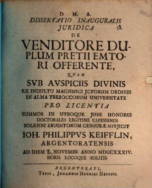 Diss. inaug. iur. de venditore, duplum pretii emtori offerente