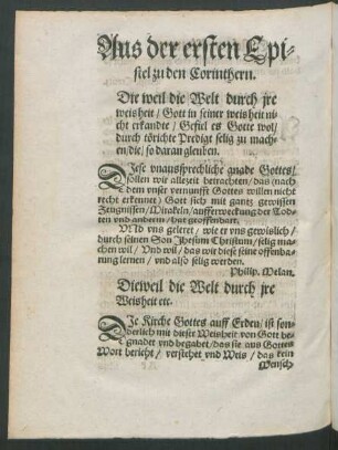 Aus der ersten Epistel zu den Corinthern.