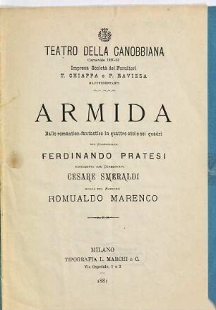 Armida : ballo romantico-fantastico in quattro atti e sei quadri ; Teatro della Canobbiana, carnevale 1880 - 81