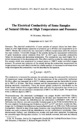 The electrical conductivity of some samples of natural olivine at high temperatures and pressures