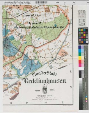 Recklinghausen (Recklinghausen) Ausschnit aus dem Stadtplan Stadterweiterung am Rhein-Herne-Kanal 1928 1:10 000 Einzeichnung in farb. Druck Regierung Arnsberg Nr. 17720