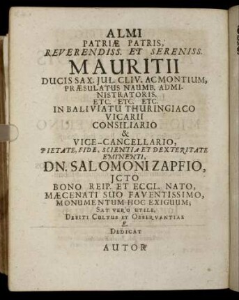 Almi Patriæ Patris Reverendiss Et Sereniss Mauritii Ducis Sax. [...] Dn. Salomoni Zapfio [...]
