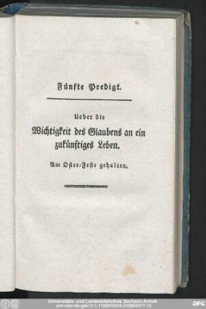 Fünfte Predigt. Ueber die Wichtigkeit des Glaubens an ein zukünftiges Leben.