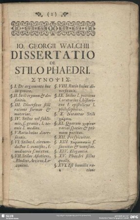 Jo. Georgii Walchii Dissertatio De Stilo Phaedri