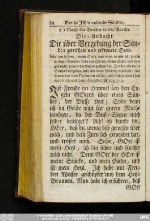 Die 1. Andacht. Die über Vergebung der Sünden getröstete und erfreuete Seele.
