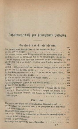 Inhaltsverzeichniß zum siebenzehnten Jahrgang